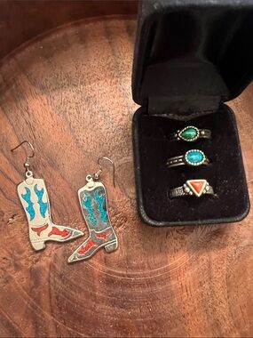 Sterling Silver & Turquoise 3 stackable sz7 ring & boot earring set!